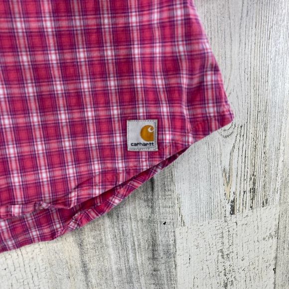 Carhartt Button Front Work Shirt Womens Large 12/14 Pink Plaid Cotton Western - Picture 4 of 7